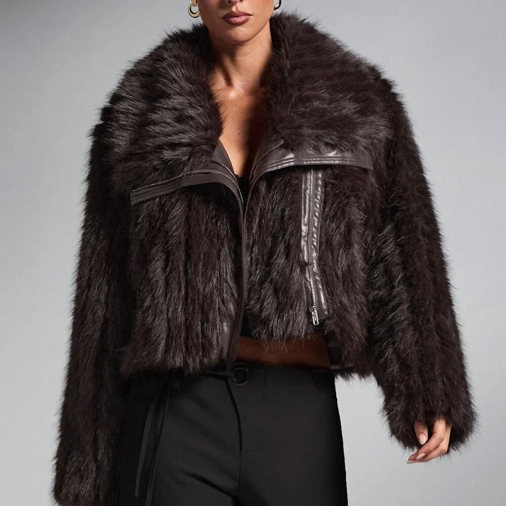 Brown Elegant Women's Oversized Patchwork Faux Fur Coat jacket - Picture 2 of 9